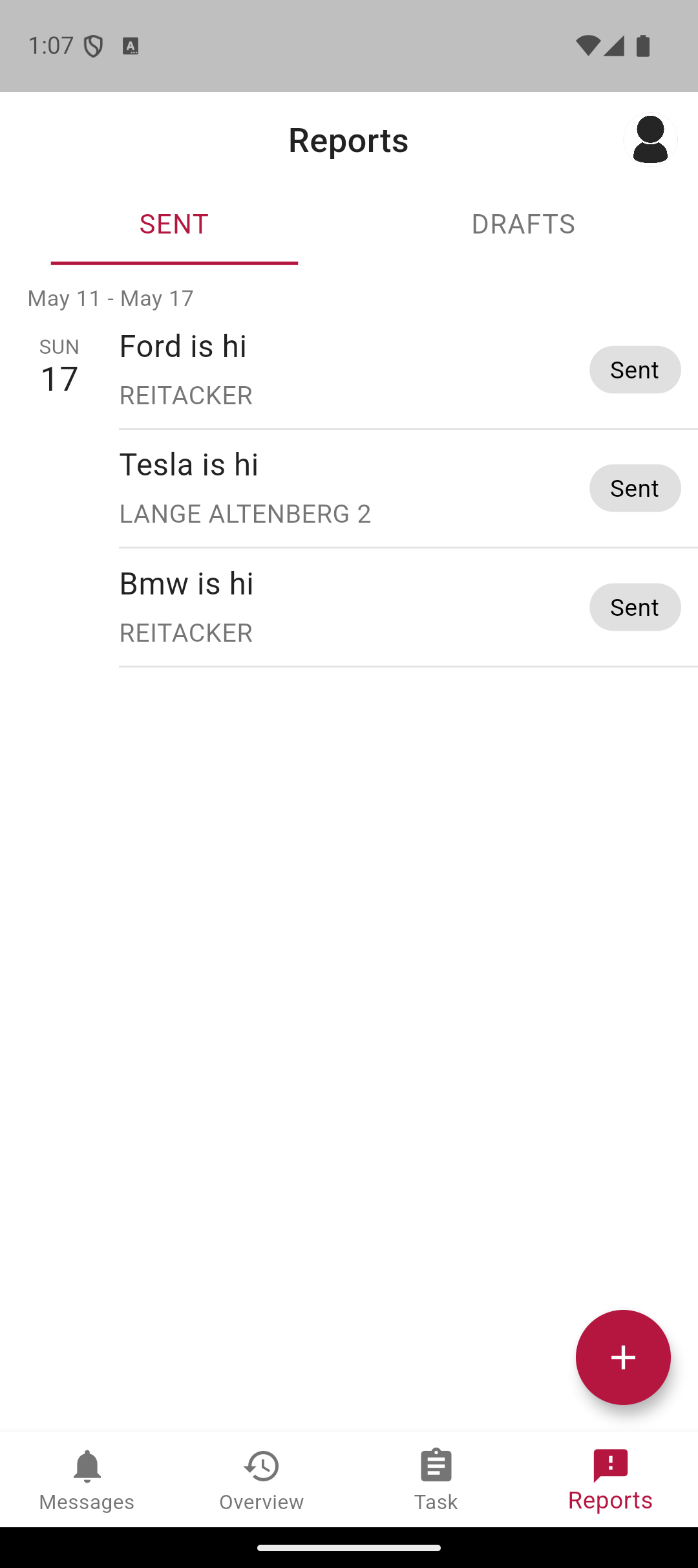 Záložka Reports se SENT/DRAFTS a třemi odeslanými hlášeními.