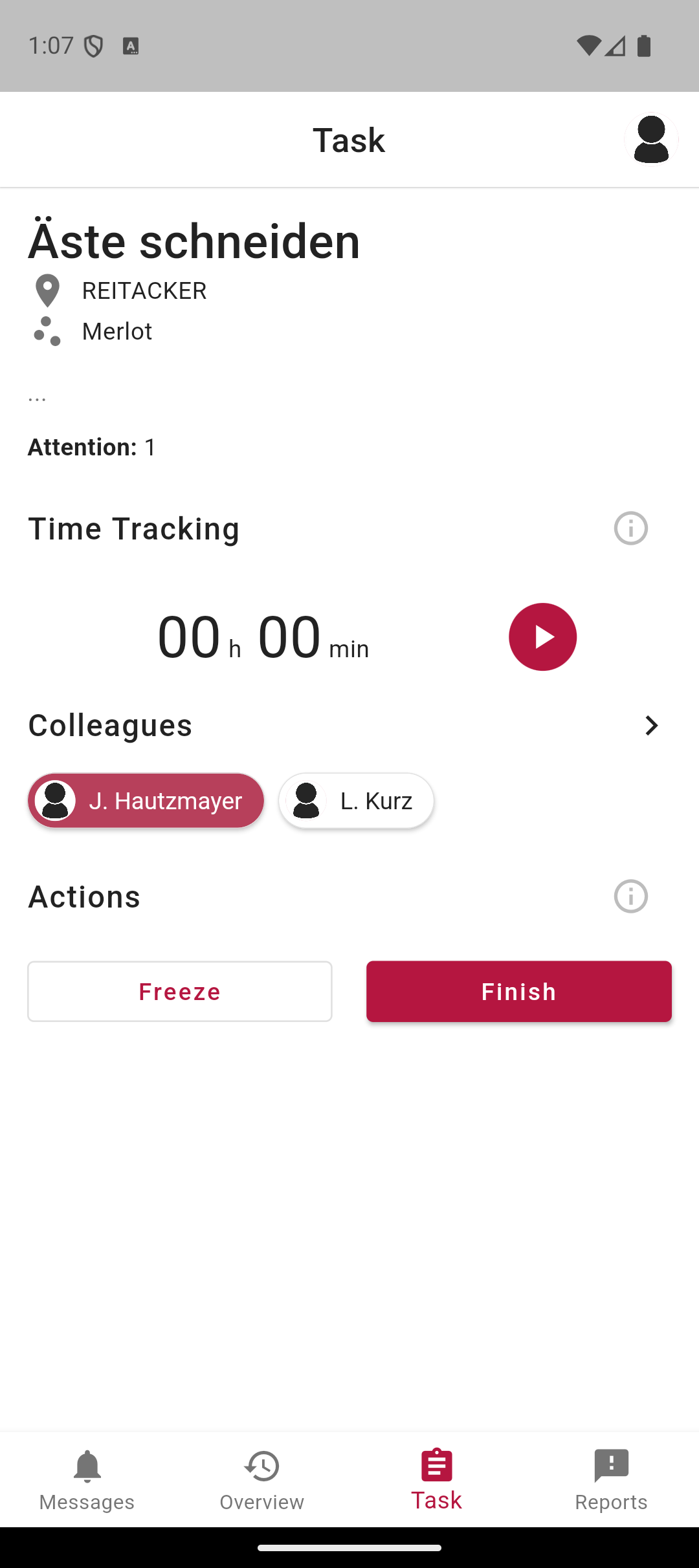 Detail úkolu Řezání větví s Reitacker a Merlot, evidence času 00:00, kolegové J. Hautzmayer a L. Kurz, akce Freeze a Finish.
