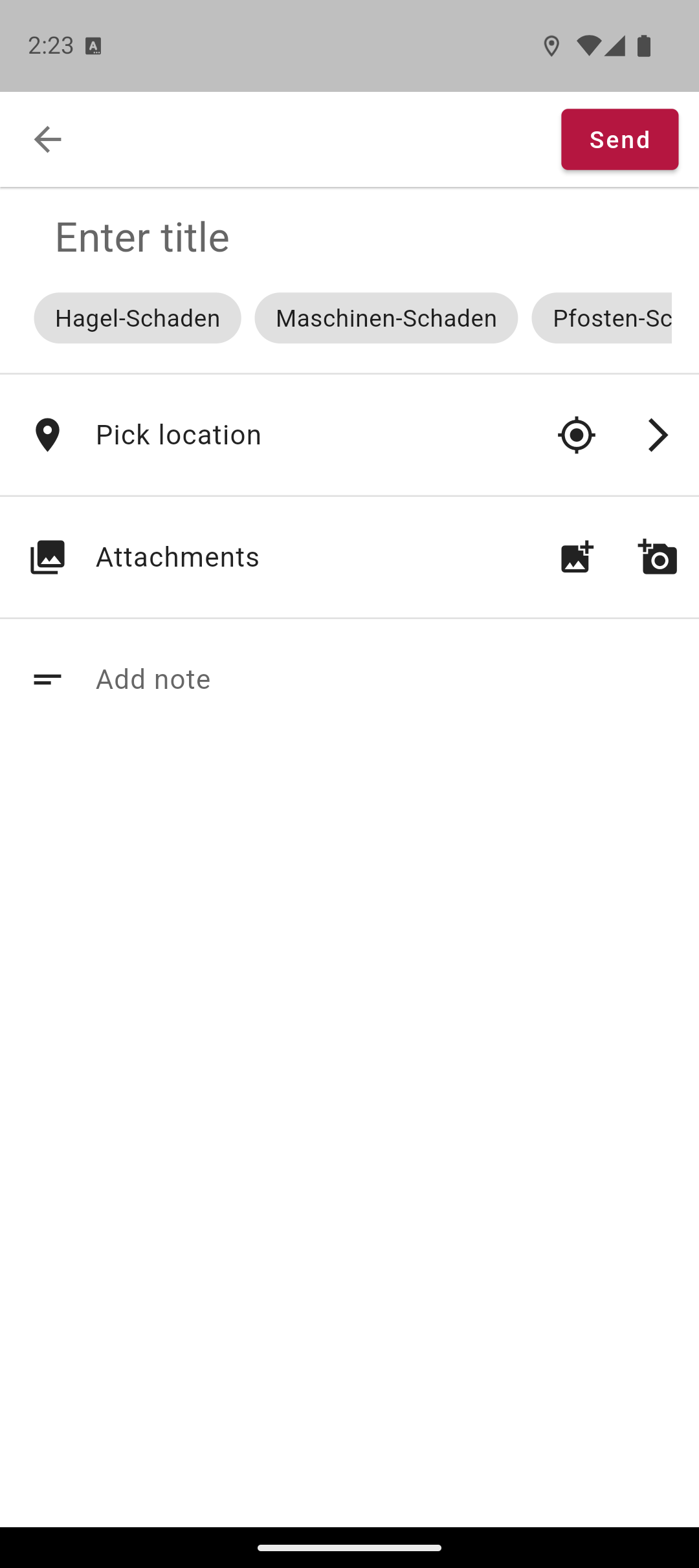 Същият изглед на сигнала след предоставяне на разрешението — редът „Pick location“ вече показва активен бутон за местоположение (символ на мерник) вместо предупредителния символ.