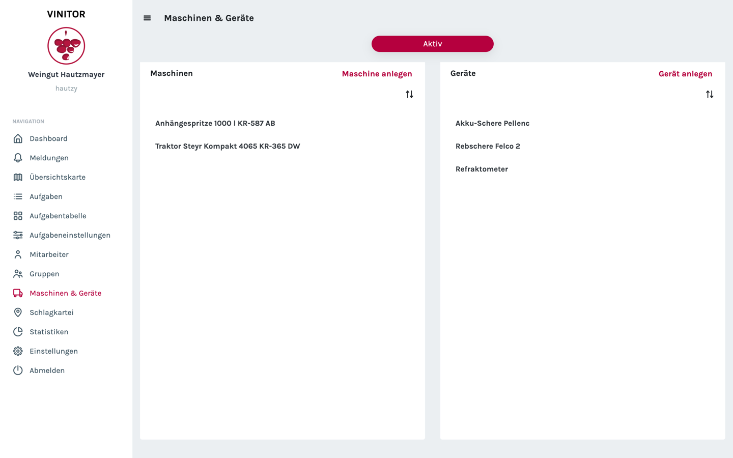 La nuova pagina Macchine e attrezzature nella dashboard: a sinistra l'elenco delle macchine con Trattore e atomizzatore trainato con targa, a destra l'elenco delle attrezzature con forbice da potatura, forbice a batteria e rifrattometro.