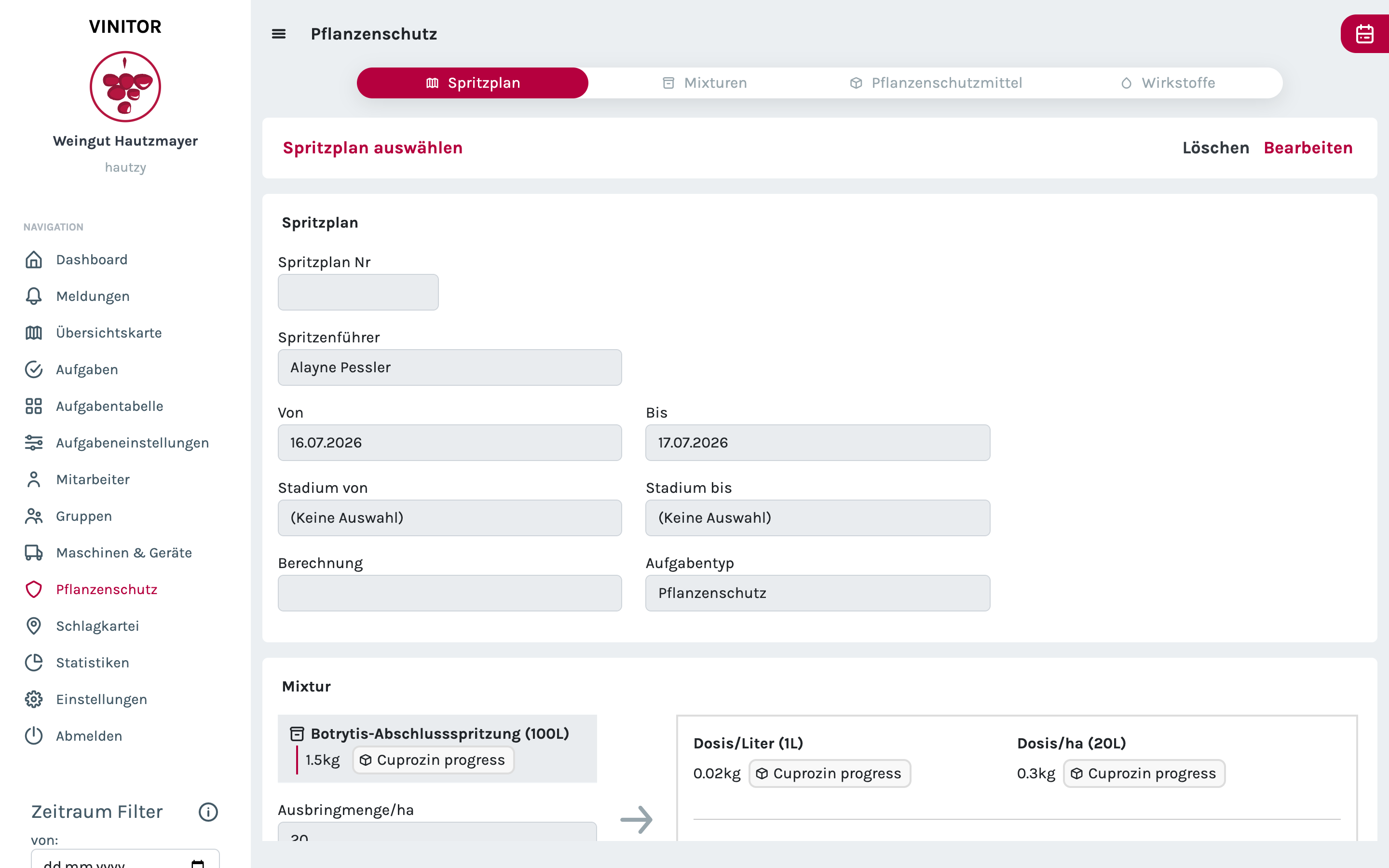 Zobrazení plánu postřiku s daty plánu a kartou směsi, která počítá dávku na litr a dávku na hektar pro vybranou postřikovou směs