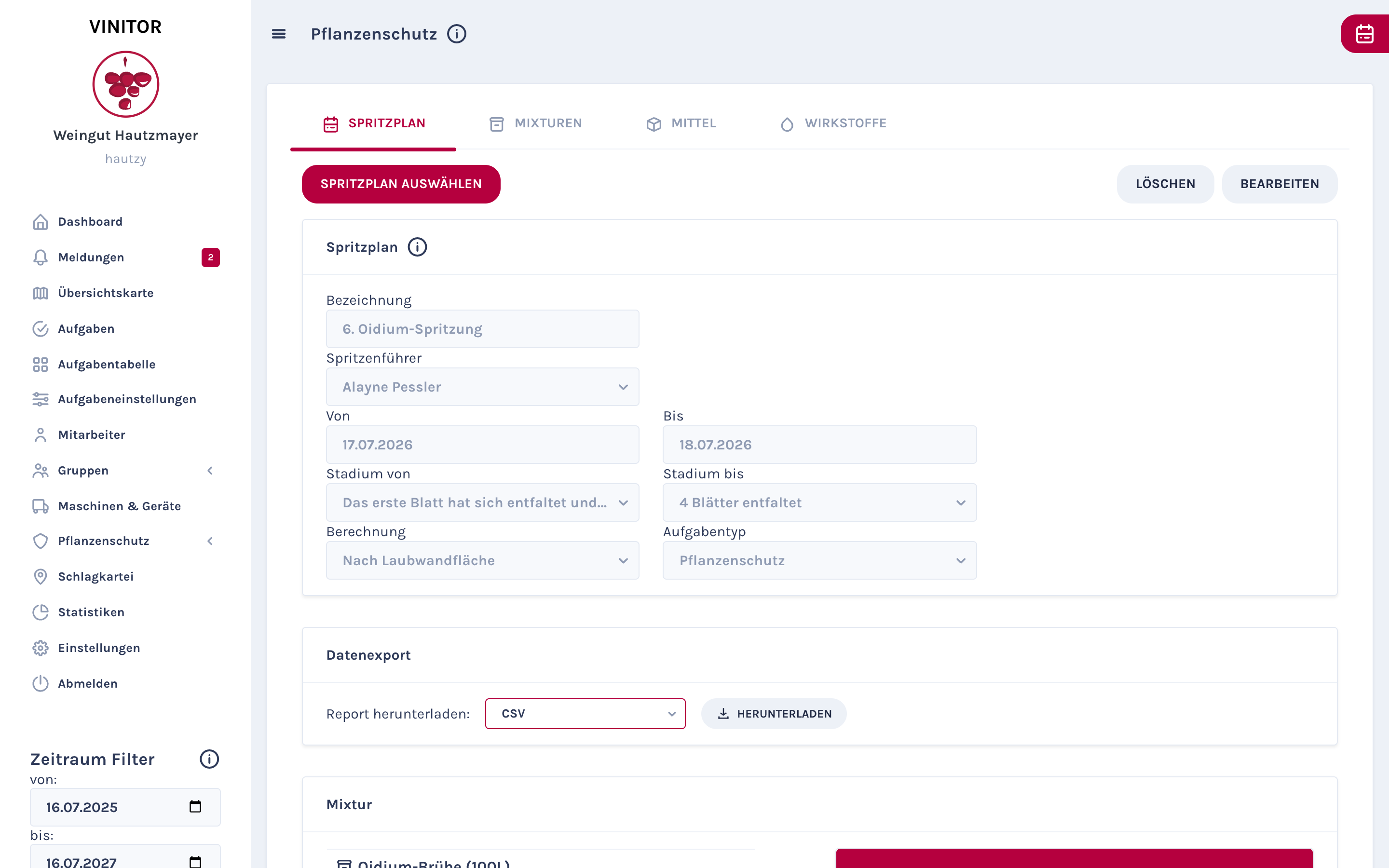 Zobrazení plánu postřiku s kartou datového exportu, ve které je jako formát exportu vybrán CSV