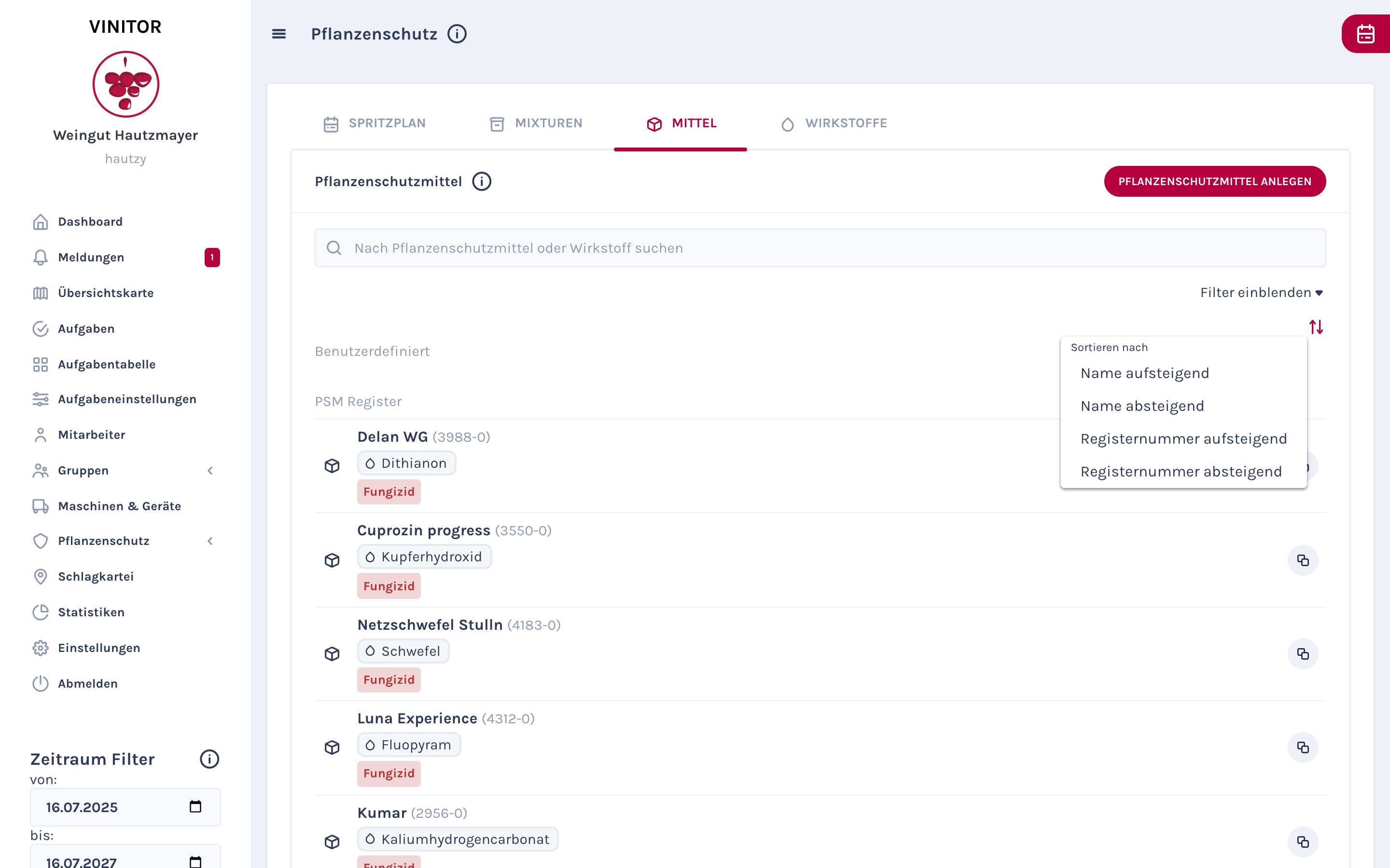 Seznam přípravků na ochranu rostlin s otevřeným menu třídění: název vzestupně/sestupně a registrační číslo vzestupně/sestupně