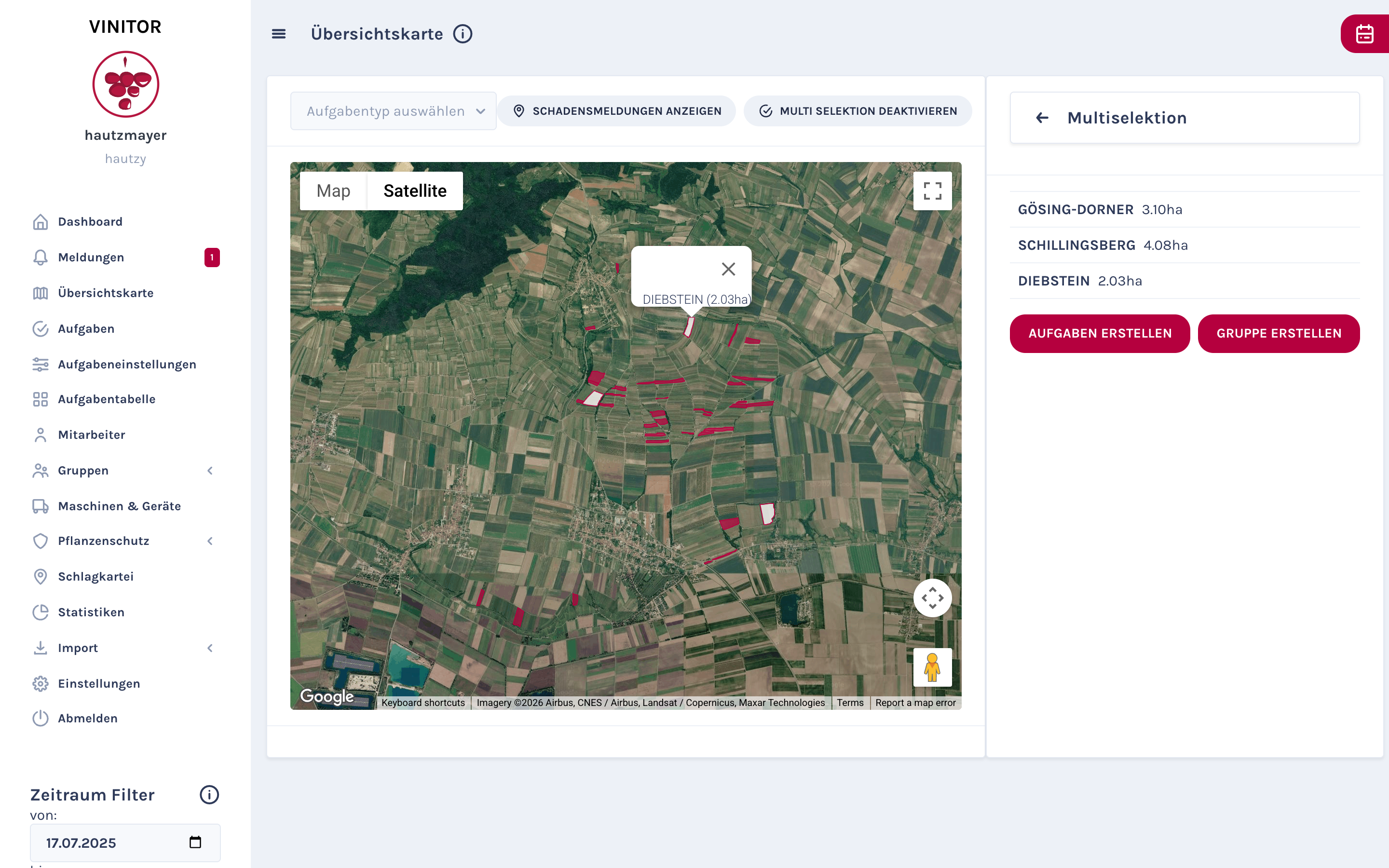 Přehledová mapa v režimu vícenásobného výběru: tři vybrané vinice bíle zvýrazněné, štítek na mapě s tlačítkem X pro odebrání, vpravo seznam výběru s tlačítky vytvořit úkol a vytvořit skupinu