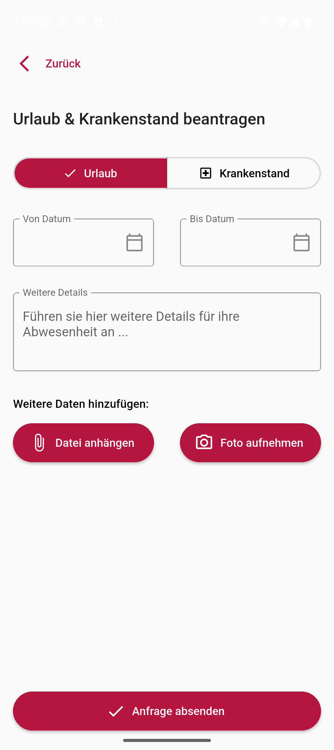 Formulář dovolené a nemocenské v mobilní aplikaci s poli data, podrobnostmi a nahráním fotky.