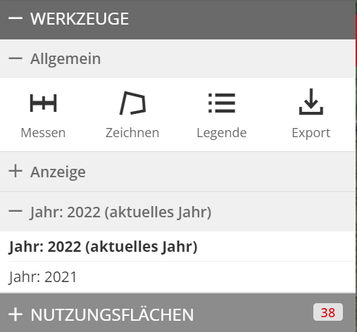 WERKZEUGE Panel mit Jahresauswahl und Nutzungsflächen-Zähler