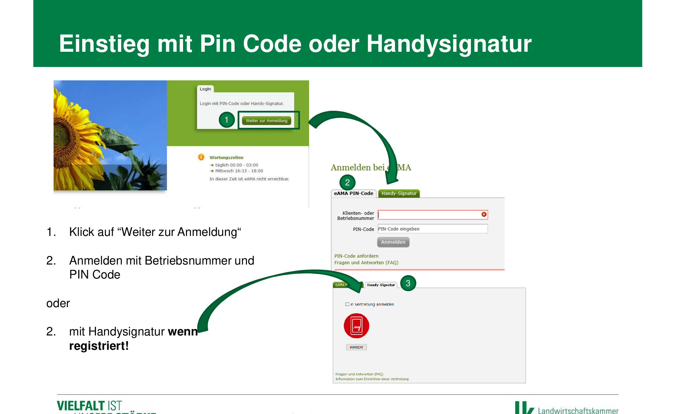 eAMA Anmeldung mit PIN-Code oder Handysignatur