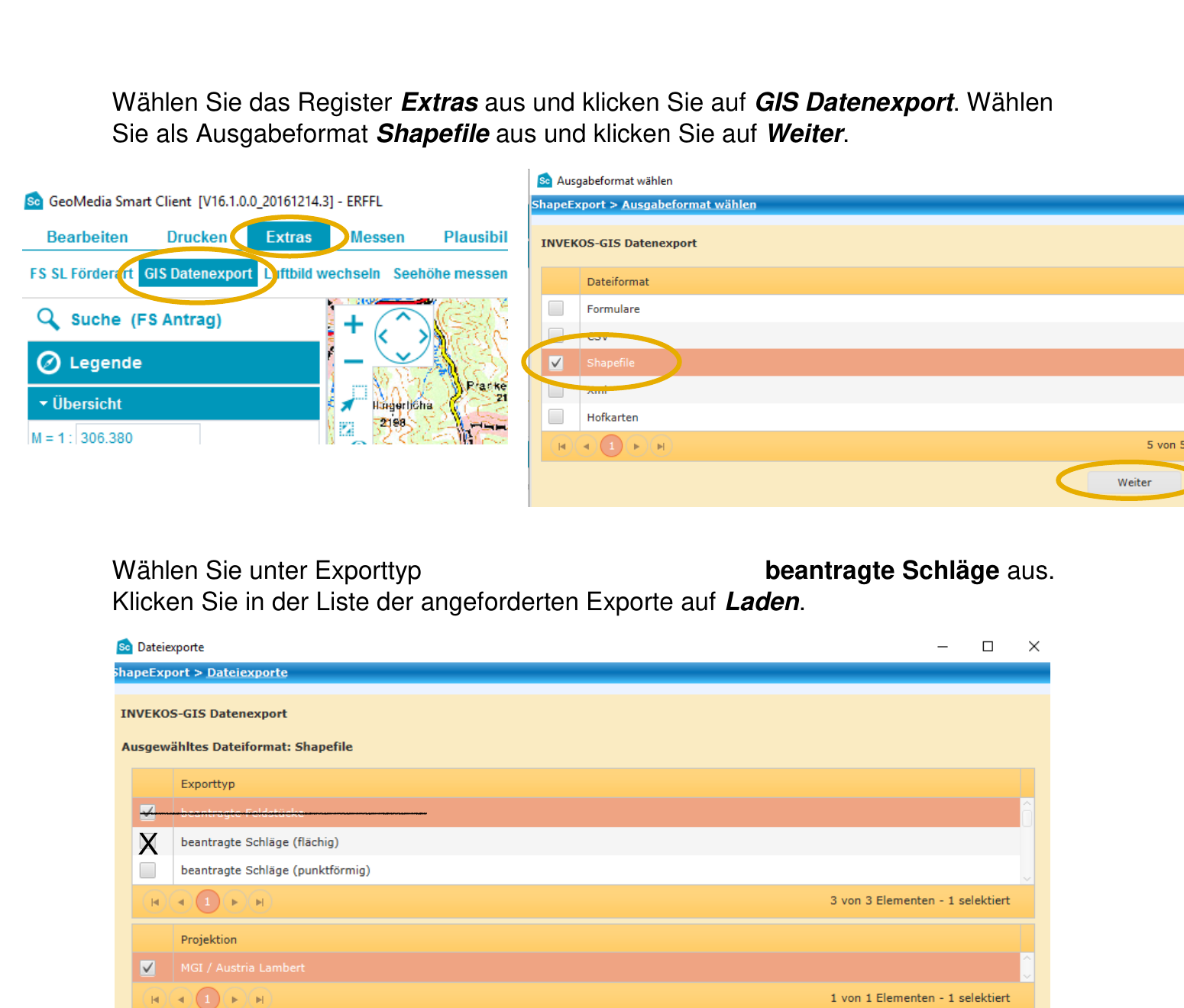 INVEKOS-GIS Menü Extras mit GIS Datenexport