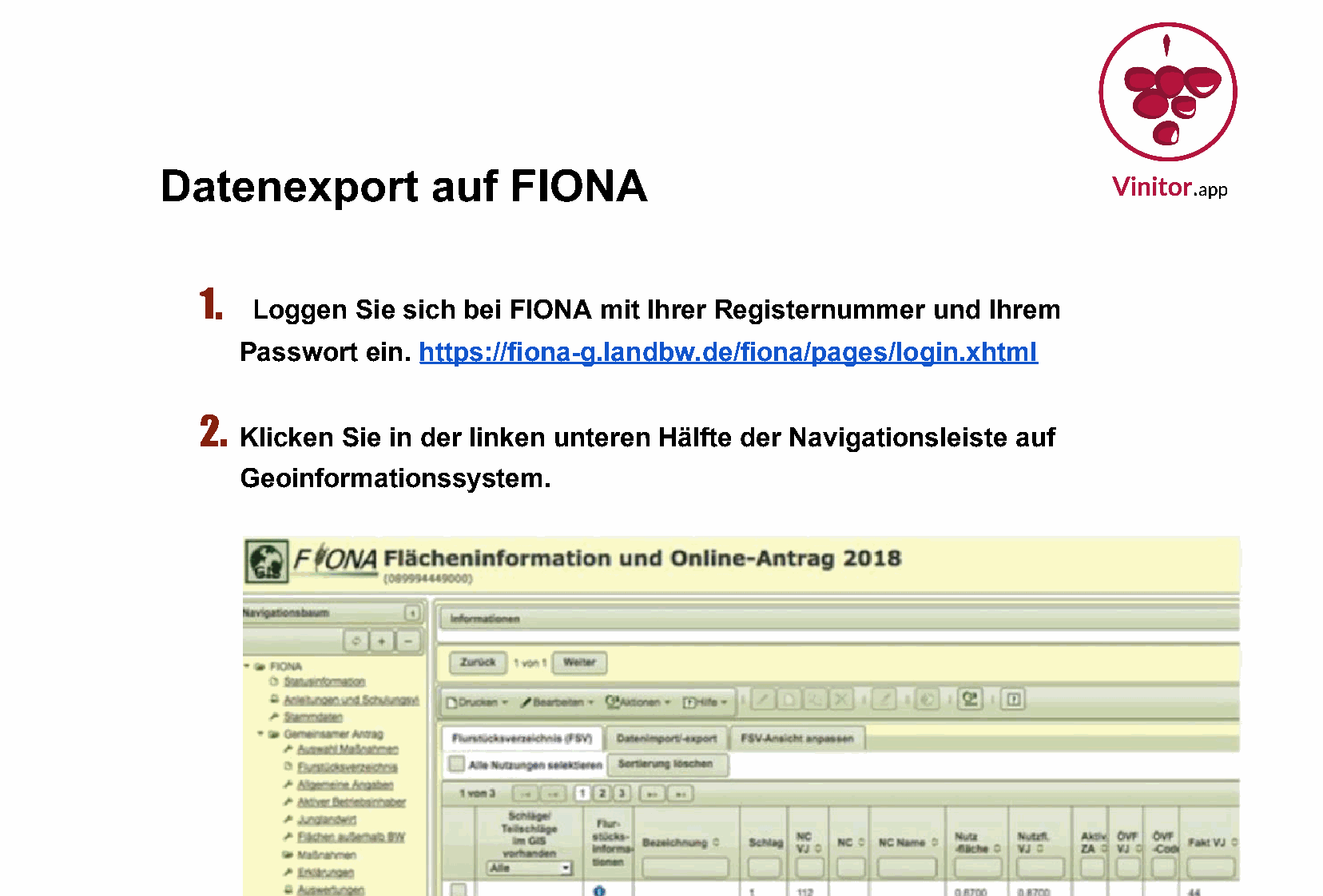 FIONA Anmeldeseite mit Registernummer und Passwort