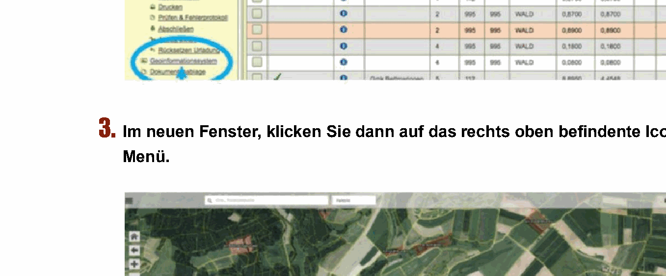 FIONA GIS-Kartenansicht mit Menü-Icon rechts oben