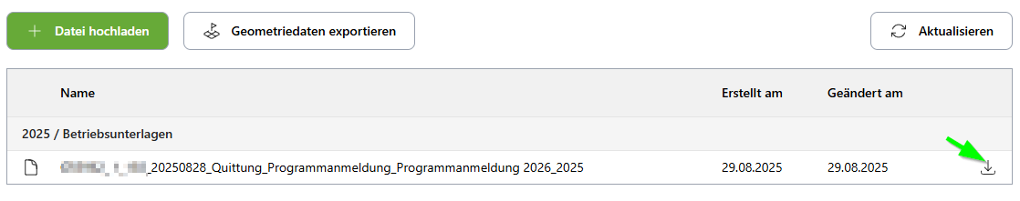 Dokumenten-Bereich mit Geometriedaten exportieren Button