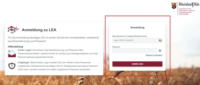 LEA Anmeldeseite mit Benutzername und Passwort