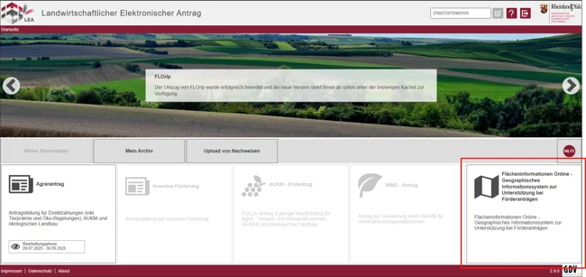 LEA Startseite mit Kachel Flächeninformationen Online