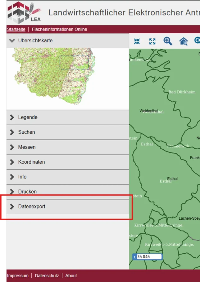 LEA Navigation mit Datenexport-Menüpunkt