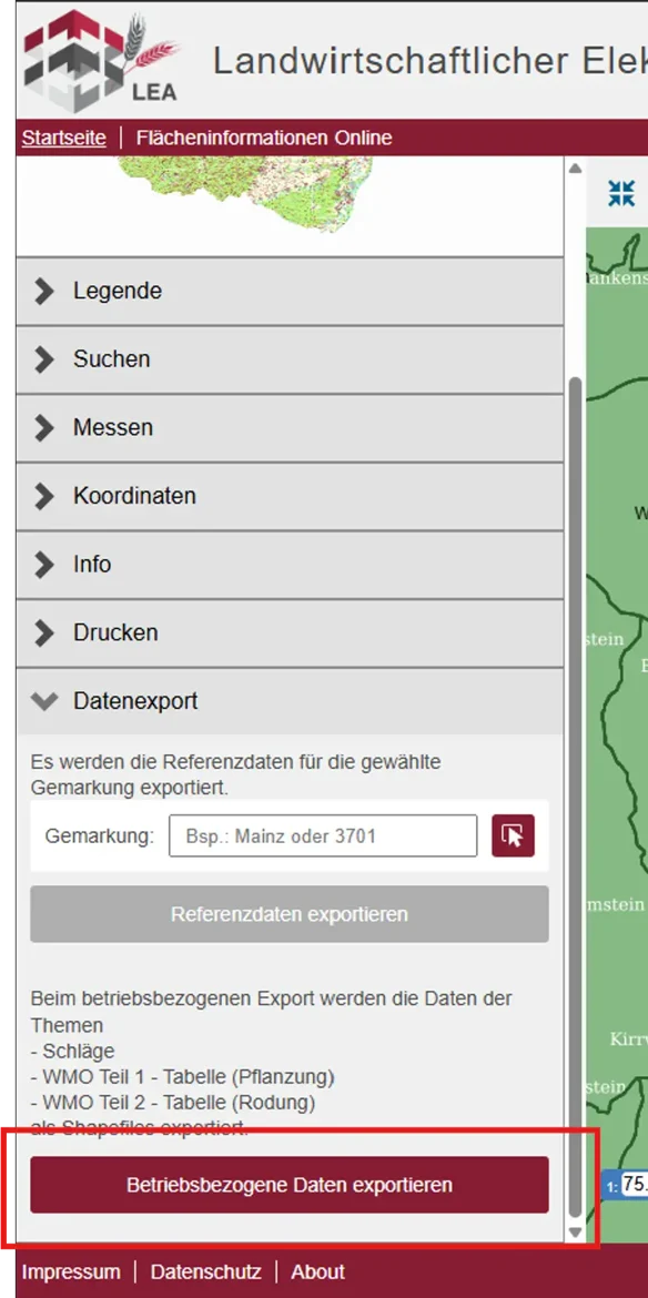 LEA Datenexport mit Button Betriebsbezogene Daten exportieren