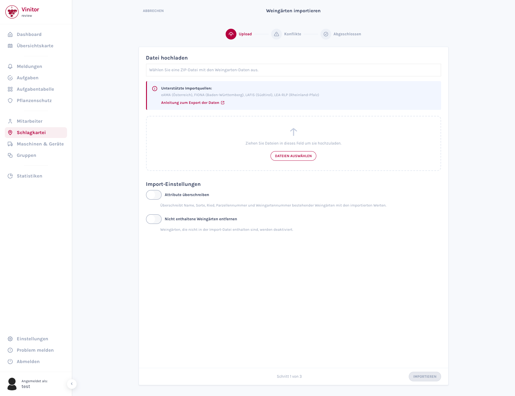 Vinitor Import-Assistent – Schritt 1: Datei hochladen