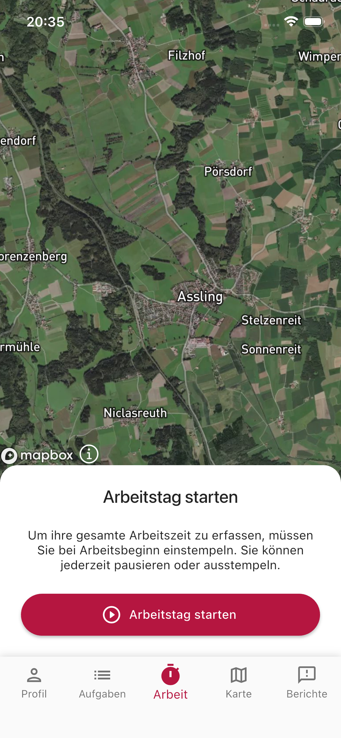 Der Arbeit-Tab mit Kartenansicht und Optionen zum Starten des Arbeitstags.