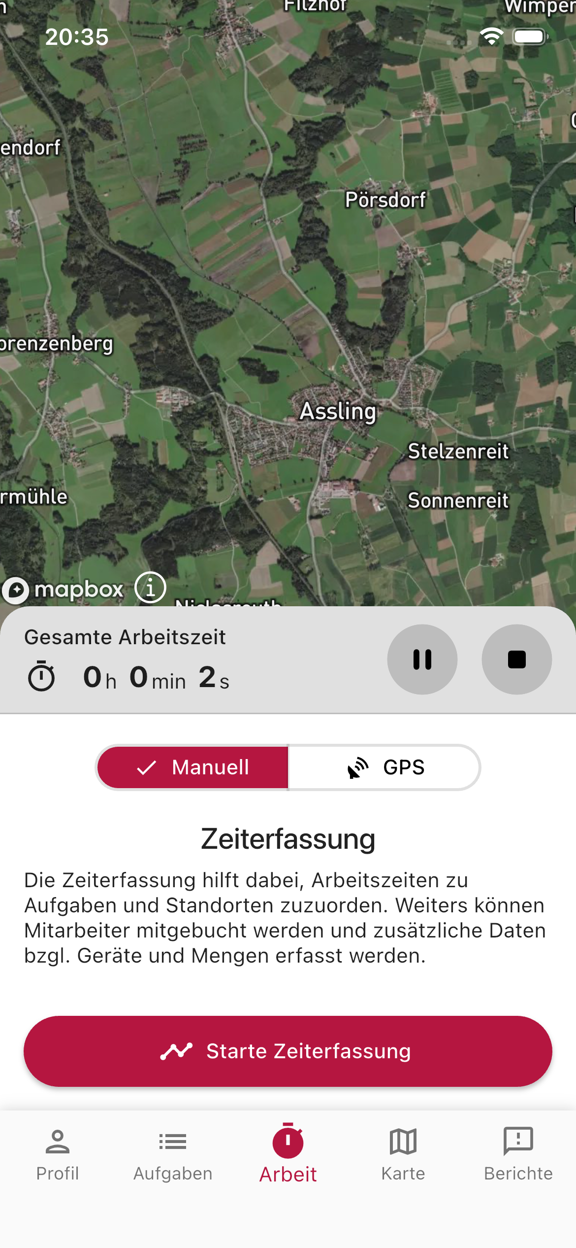 Die Tracking-Optionen mit GPS-Aufzeichnung und Zeiterfassung.
