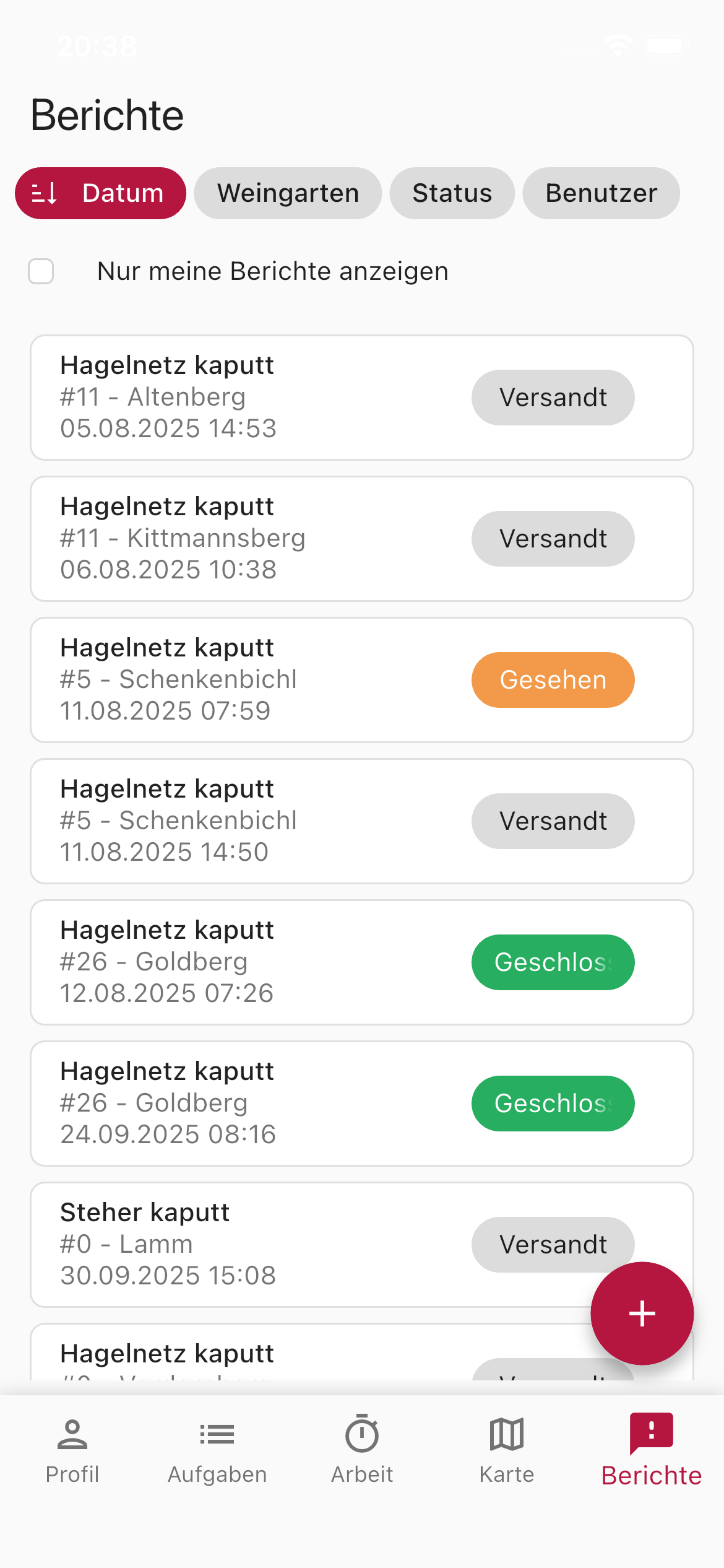 Die Meldungsliste zeigt alle Berichte mit Status, Weingarten und Datum.
