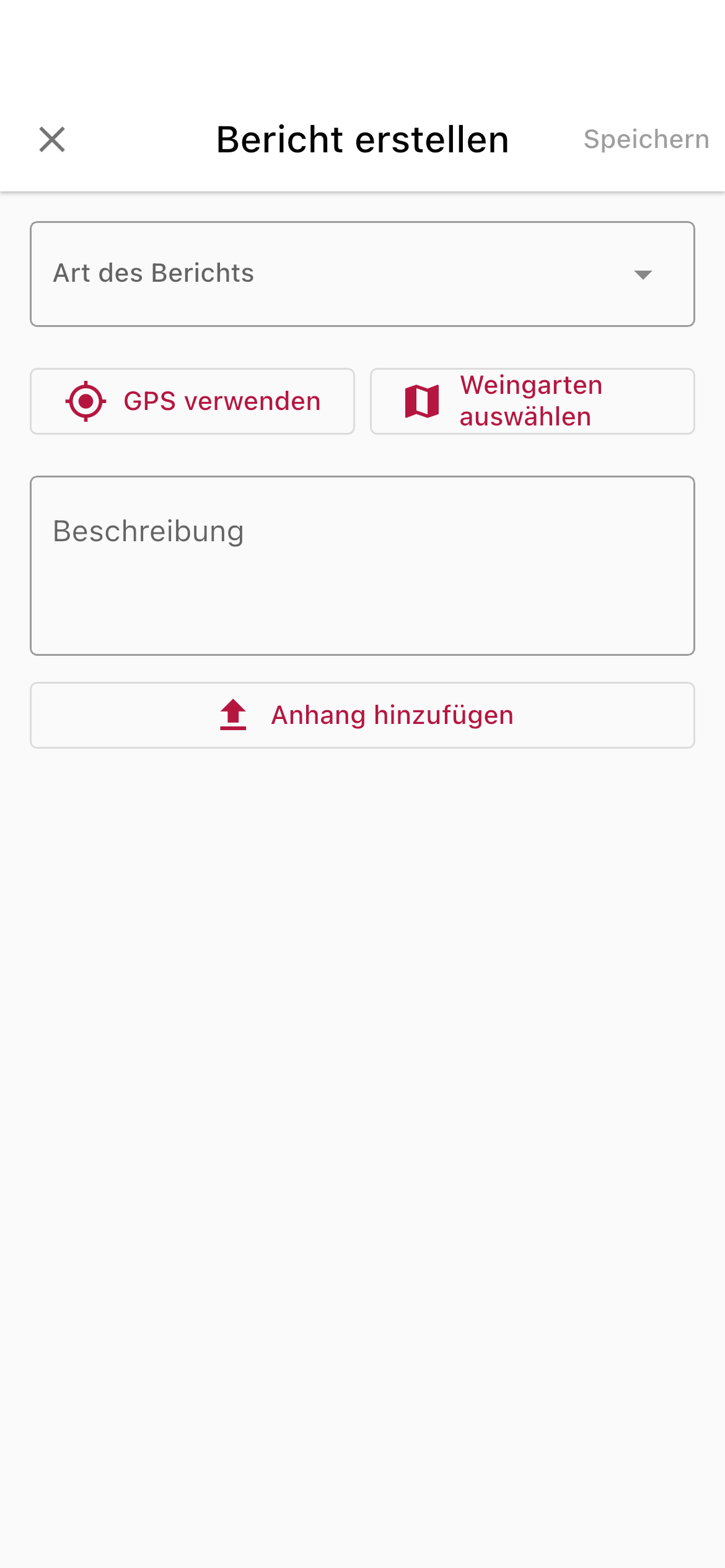 Das Meldungsformular in der mobilen App mit Feldern für Titel, Beschreibung und Foto-Upload.