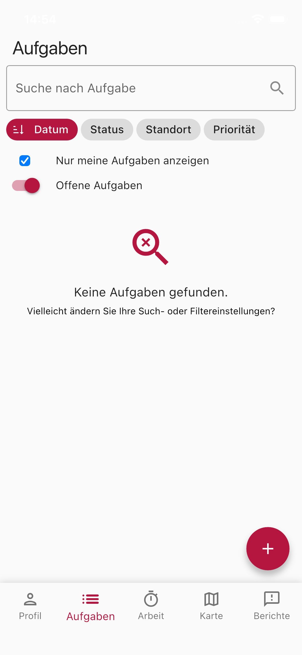 Die Aufgabenliste in der mobilen App mit Such- und Filterfunktionen.