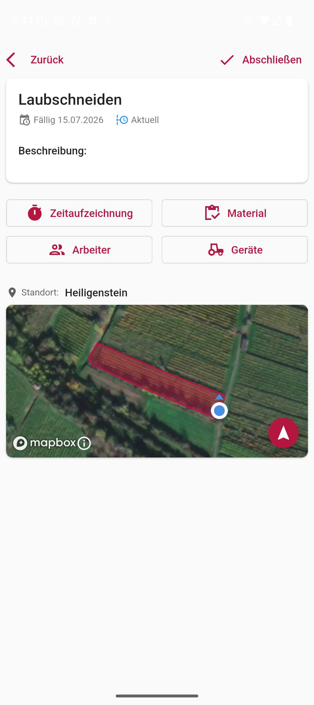 Detail úkolu s termínem, evidencí času, materiálem, pracovníky, zařízením a polohou vinice.