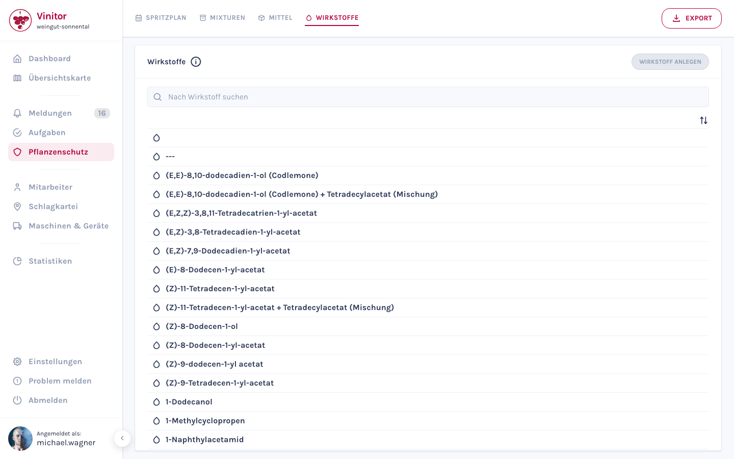 Die Wirkstoff-Übersicht mit Suchfeld und alphabetischer Liste aller aktiven Substanzen.