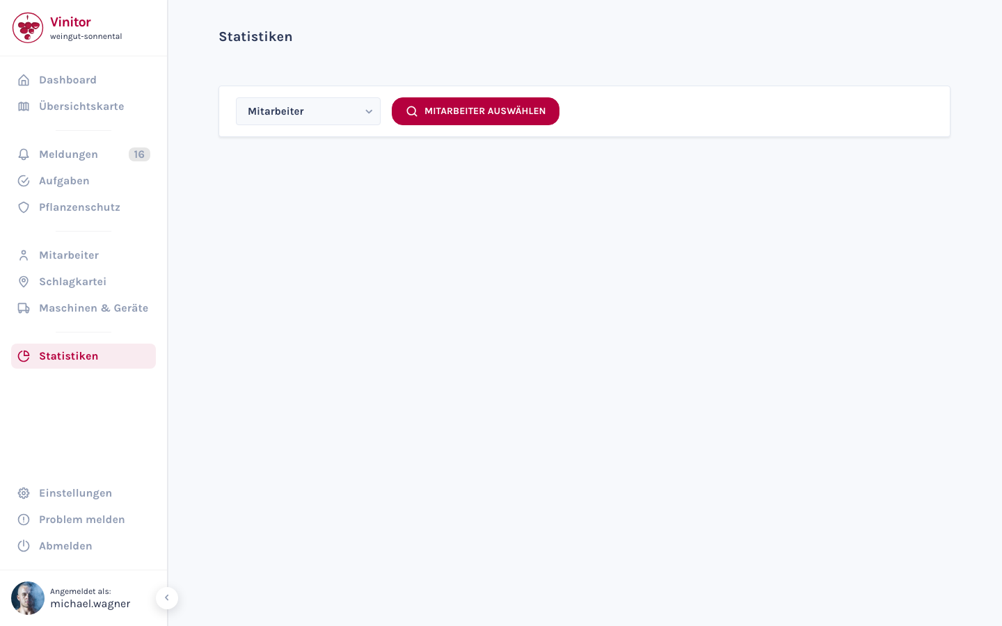 Die Statistiken-Seite mit Dropdown zur Kategorieauswahl und Auswahl-Button.