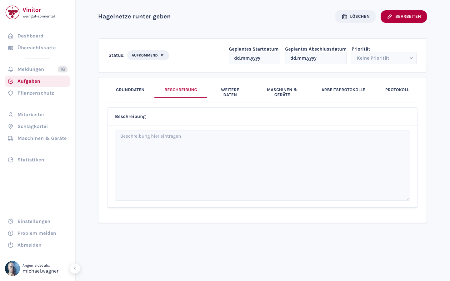 Der Beschreibung-Tab bietet ein Freitextfeld für Aufgabendetails.