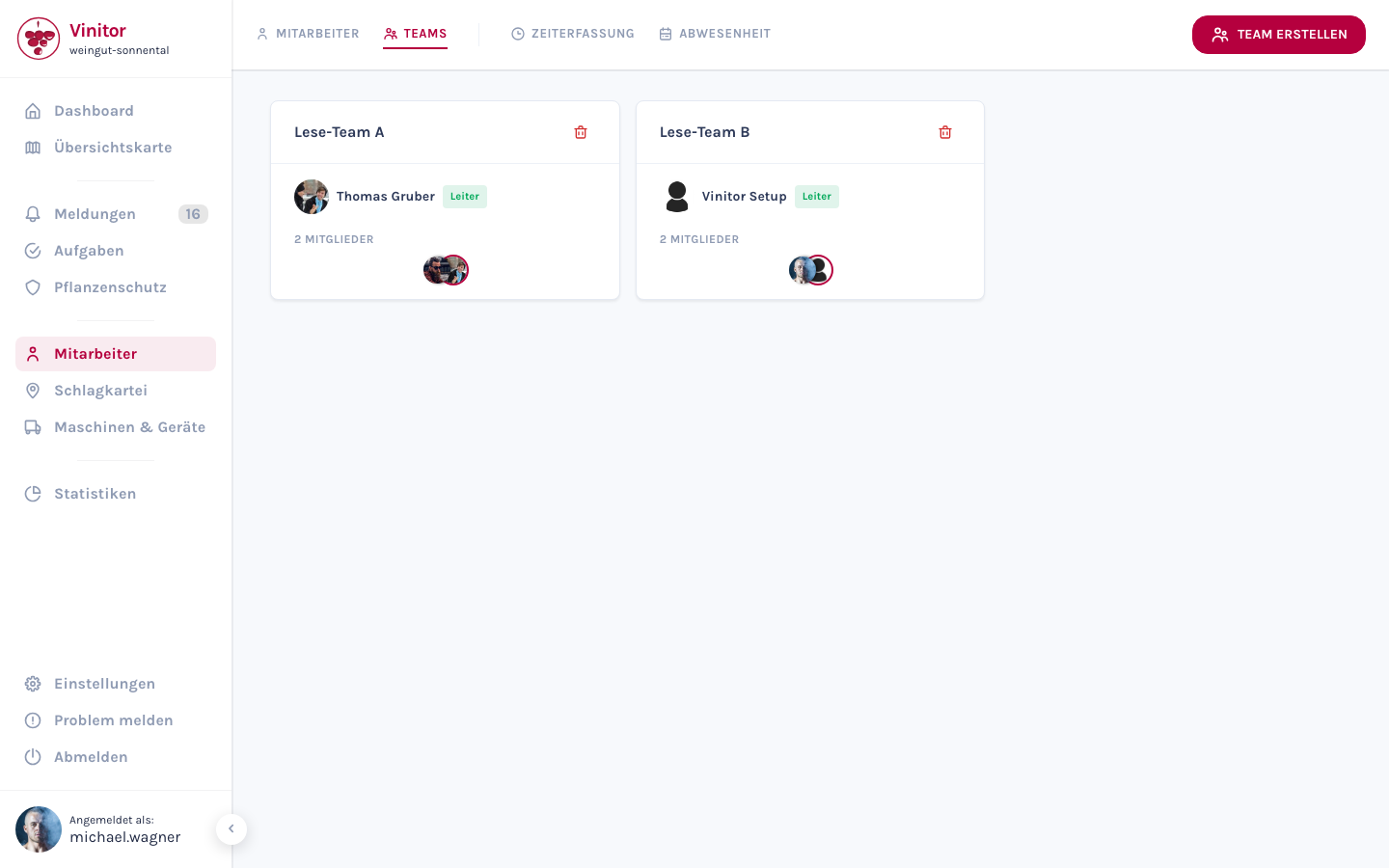 Teams werden als Karten mit Teamnamen, Leiter-Badge und Mitglieder-Avataren dargestellt.