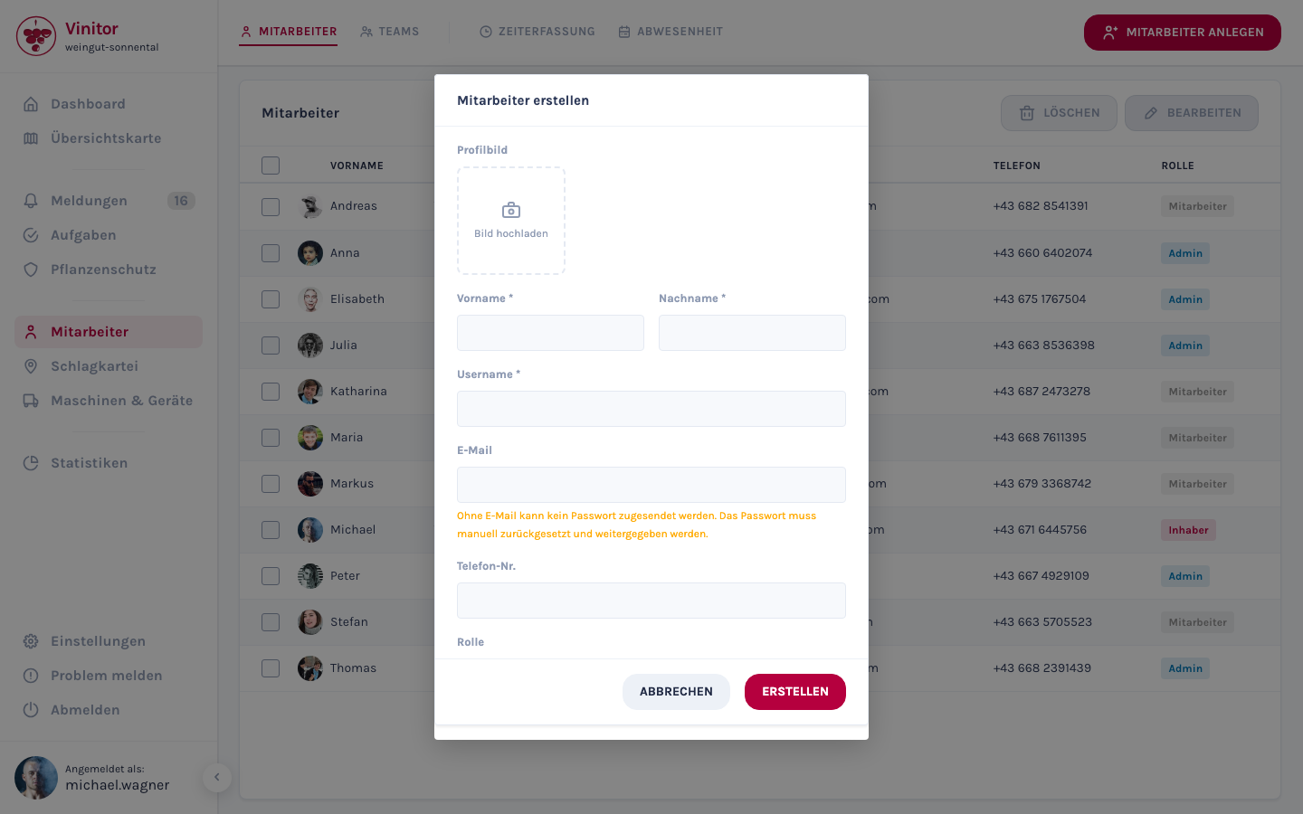 Der Erstellungsdialog für einen einzelnen Mitarbeiter mit Profilbild, Name, Benutzername, E-Mail, Telefon und Rolle.