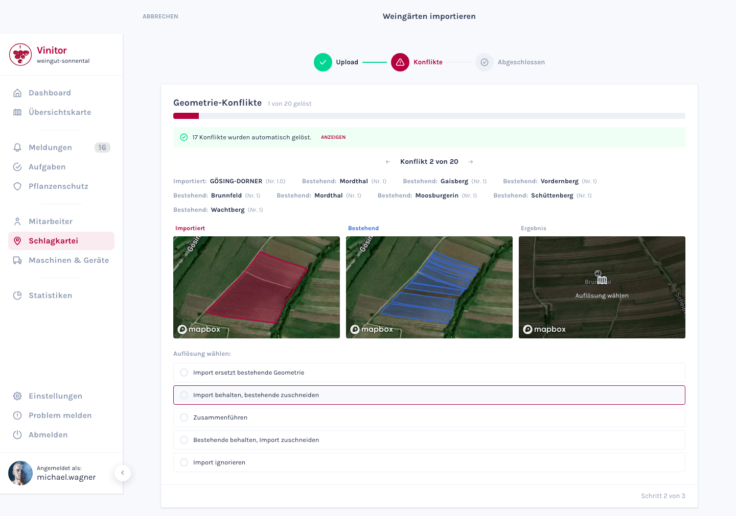 Der Konflikt-Assistent zeigt importierte und bestehende Geometrien nebeneinander mit Auflösungsoptionen.