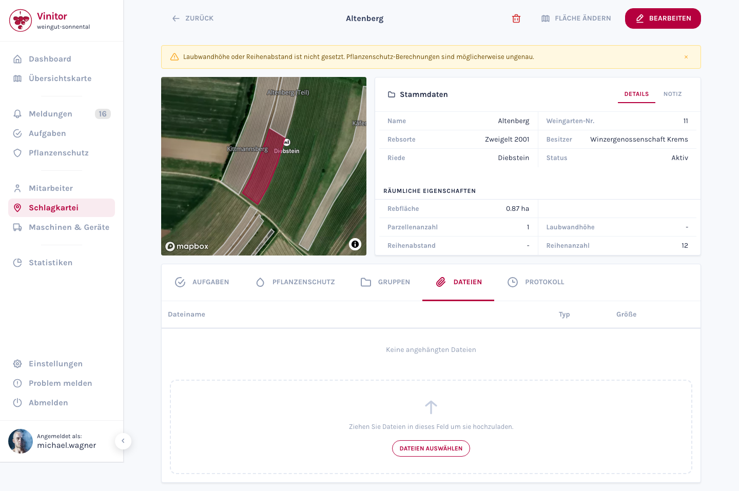 Der Dateien-Tab in der Weingarten-Detailansicht mit Upload-Bereich und Dateiliste.