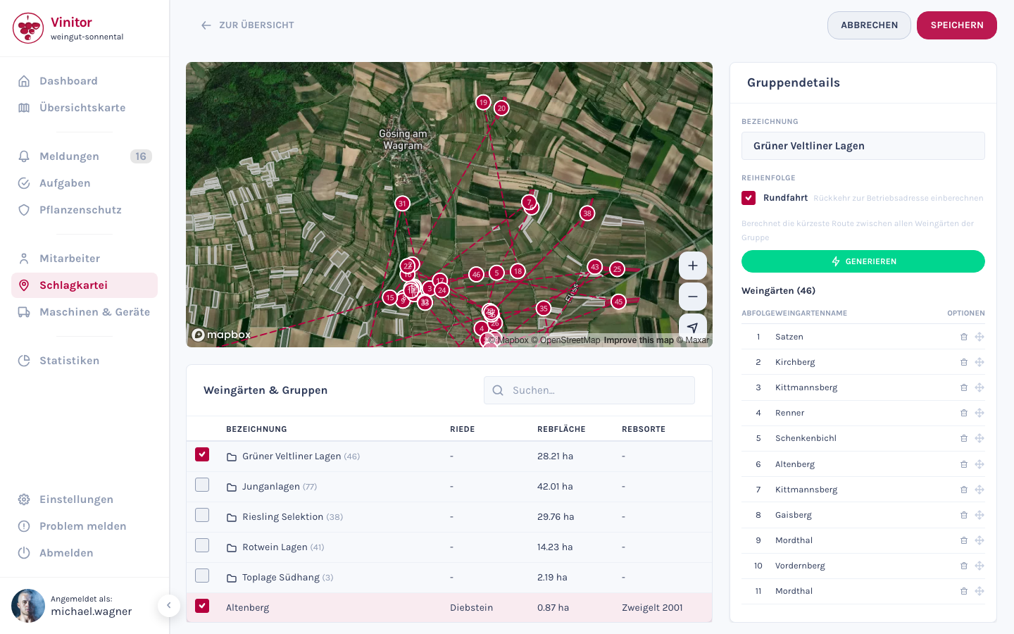 Die Bearbeitungsansicht einer Gruppe mit Kartenansicht, Weingarten-Auswahl und Routenoptimierung.