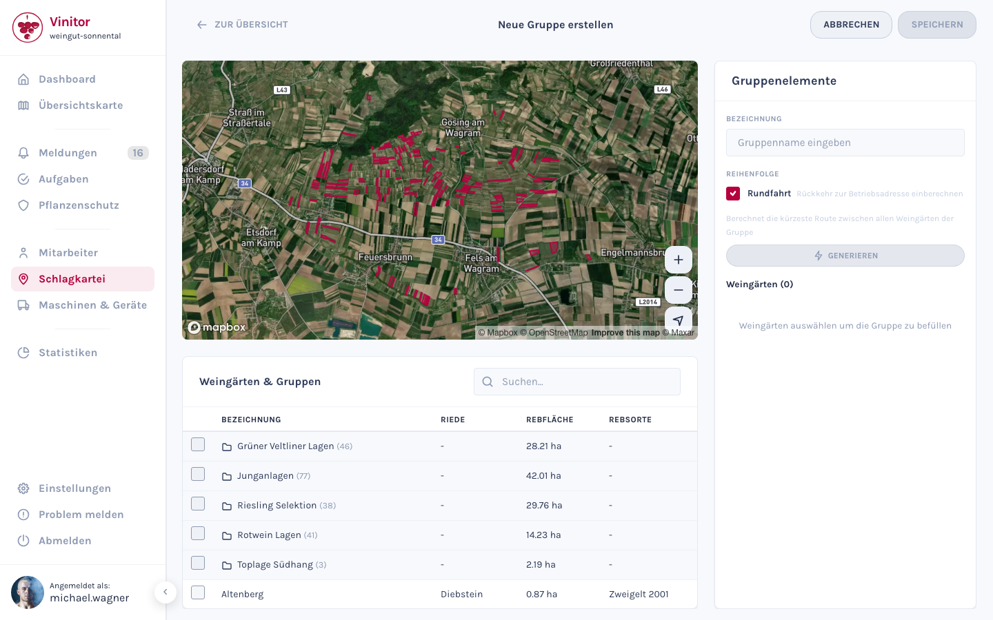 Die Erstellungsansicht für eine neue Gruppe mit Kartenansicht, Weingarten-Auswahl und Gruppendetails.